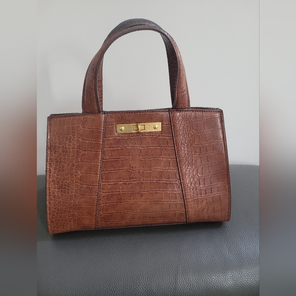 Mango Brown Croc-Embossed Top-Handle Satchel with Gold Hardware